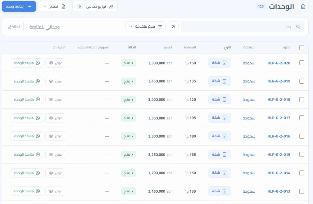 الوحدات العقارية والأسعار وحالات التوافر